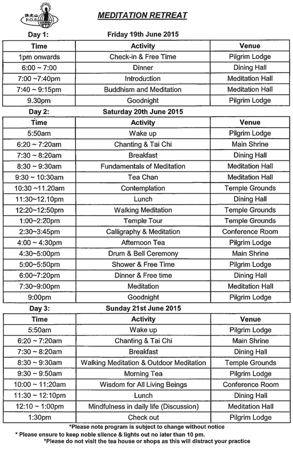 Program for the Nan Tien Temple weekend meditation retreat